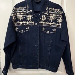 Vintage Carole Little Navy Denim Jacket with Beaded and Embroidered Detail